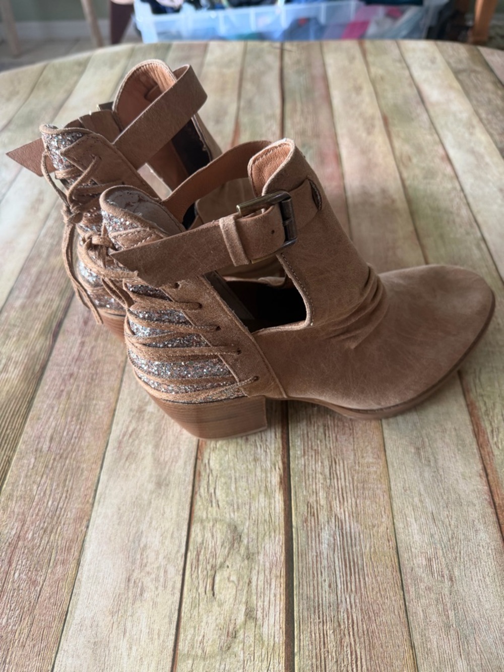 Very G Tan Faux Suede Cutout Ankle Boots with Glitter Back